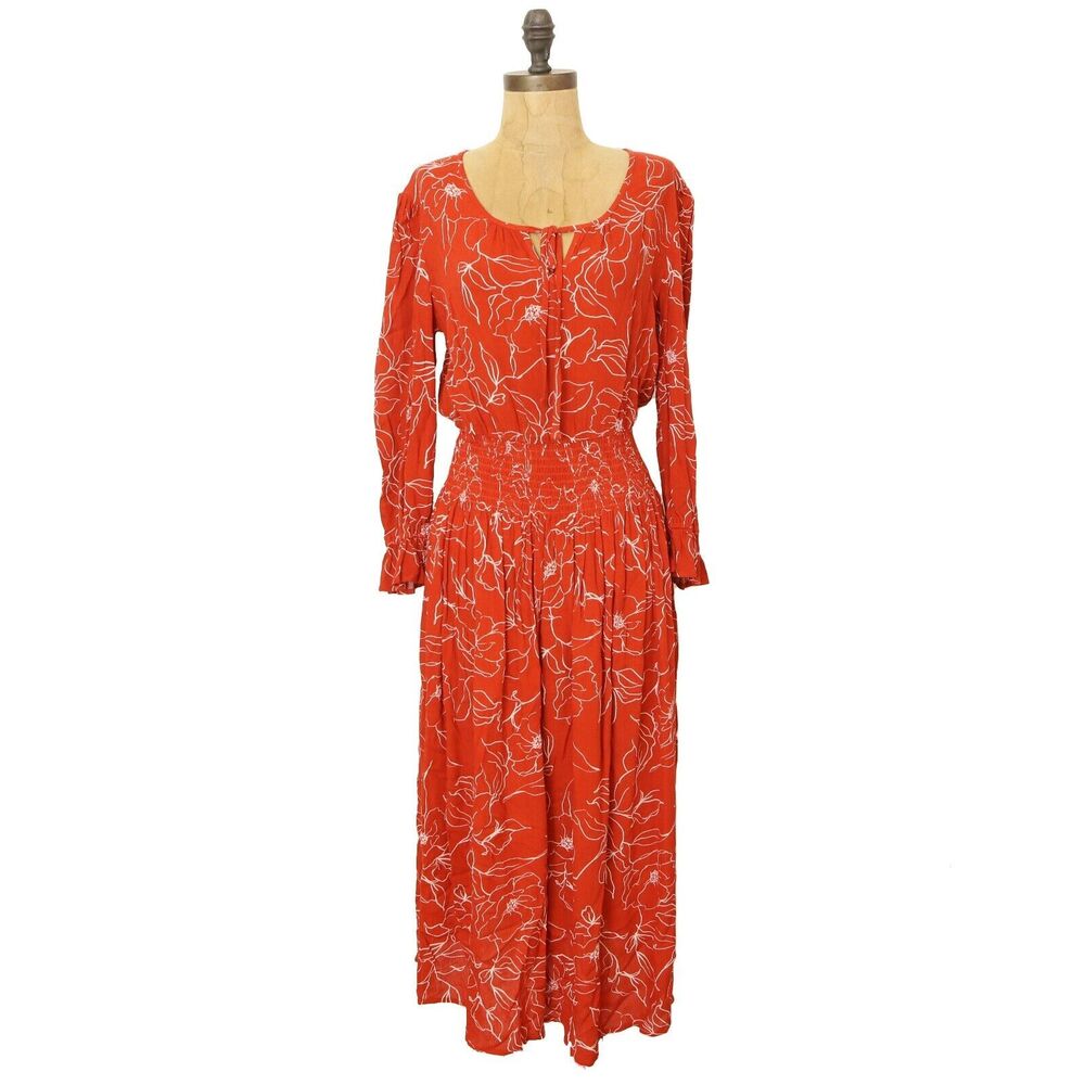 BOBEAU Koi Floral Midi Dress S Keyhole Scoop Neck 3/4 Sleeve Orange NWT B84
